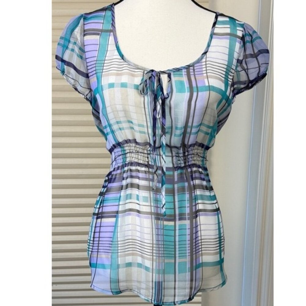 Smart Set Sheer Blouse Plaid Purple Teal White Women's Elastic Waist Size M